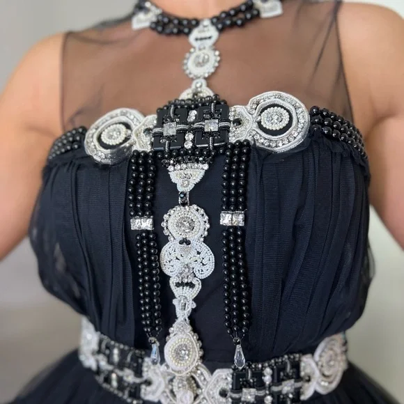 Naeem Khan gown embellished with allover embroidery Round neckline; open back